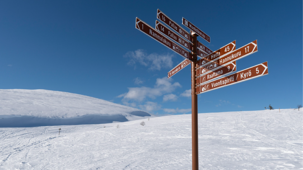 Bright yellow mountain trail signposts with destination names and hiking times against a backdrop of the Austrian Alps