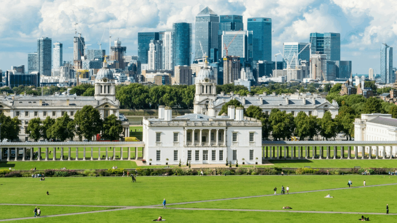 Greenwich Park with a view of Canary Wharf, symbolizing UK's tech growth