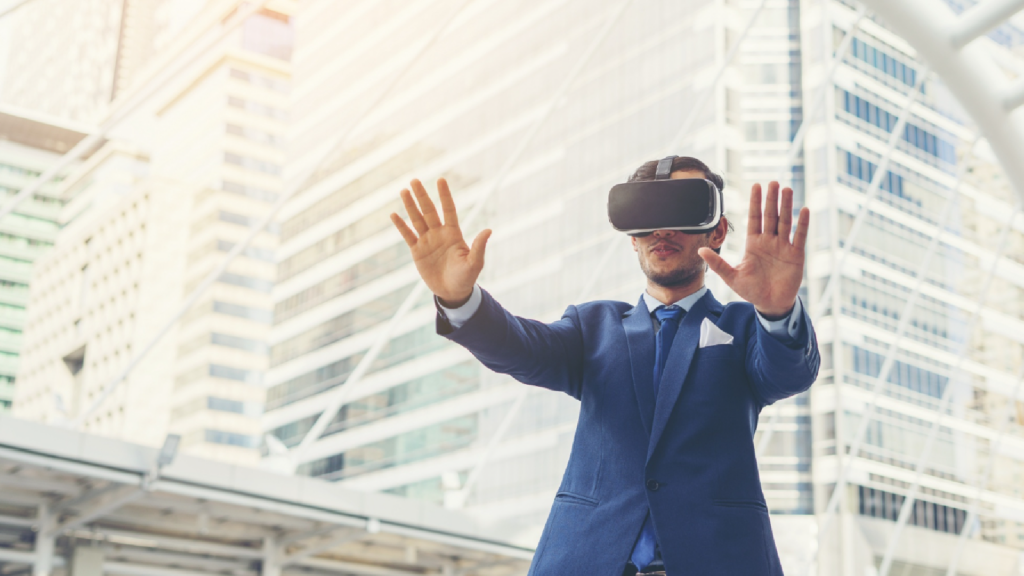 Indonesian Man in a suit using VR headset in urban setting, symbolizing tech innovation.