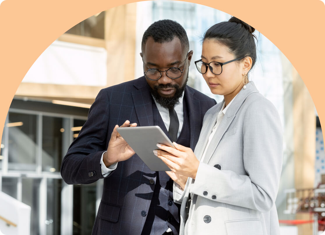Graphic representing broken business travel processes, showing two people trying to solve travel issues.